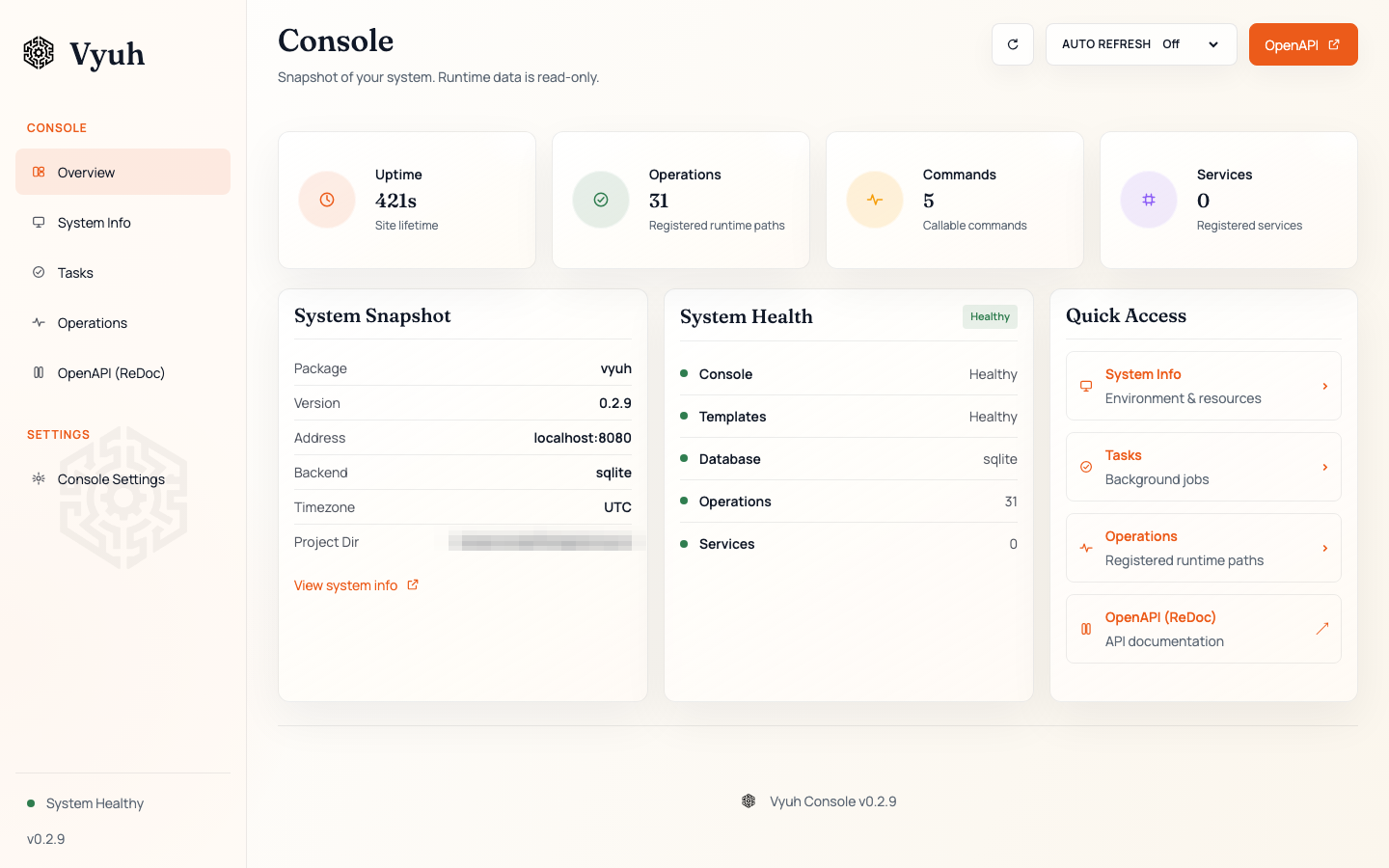 Vyuh console overview with runtime totals and recent activity