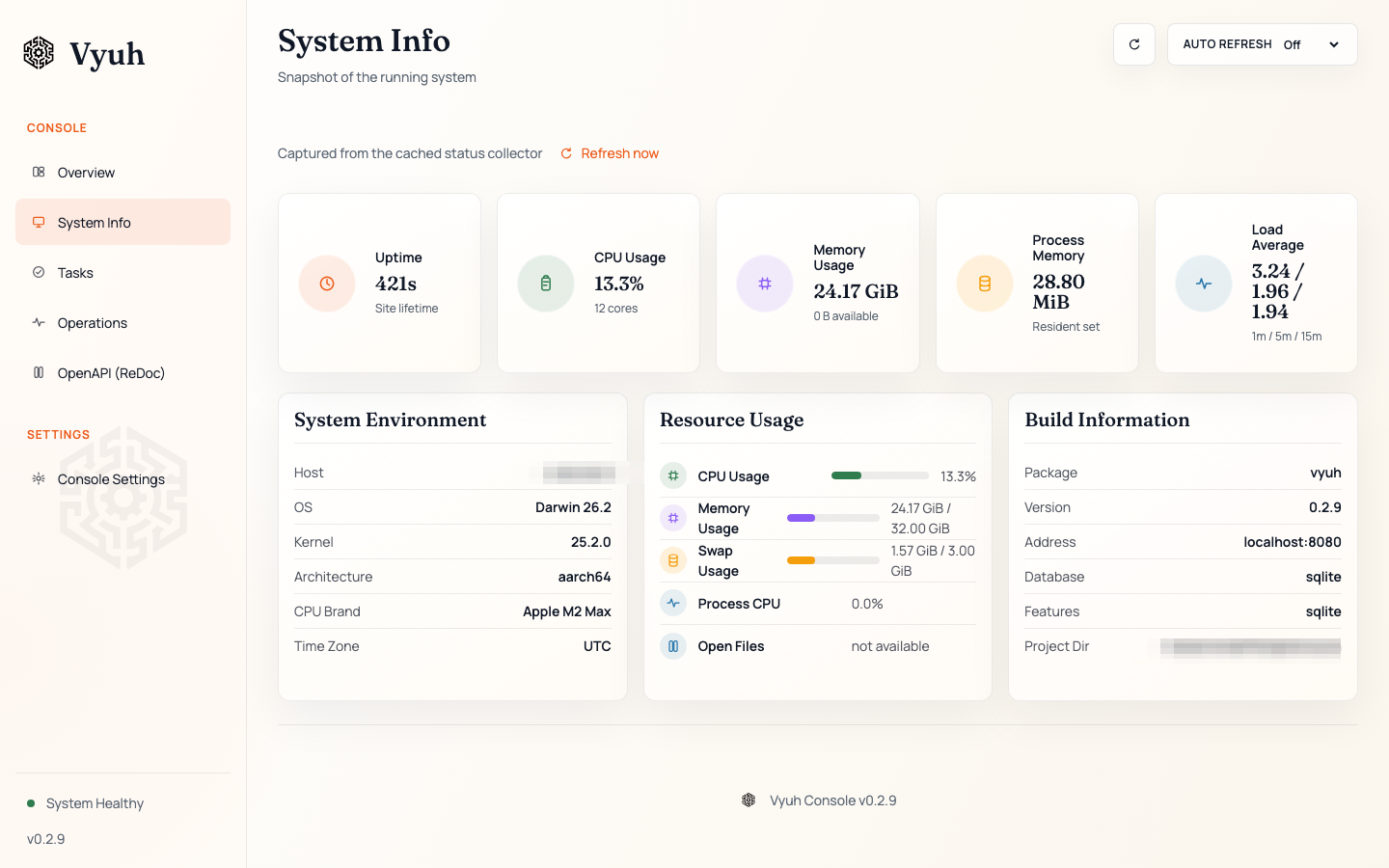 Vyuh console runtime and system information
