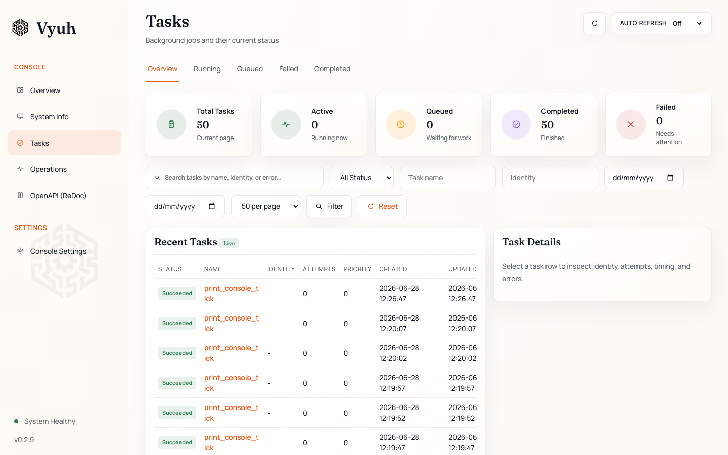Vyuh console task list with states and retry information